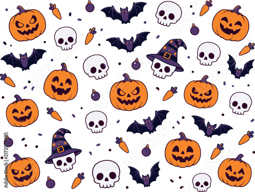 Seamless pattern featuring a cute hand drawn halloween icon set with pumpkins skulls bats and witch hats