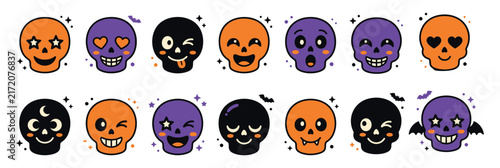 A collection of colorful decorative skull designs featuring a unique haloween icon set for festive holiday graphic design projects