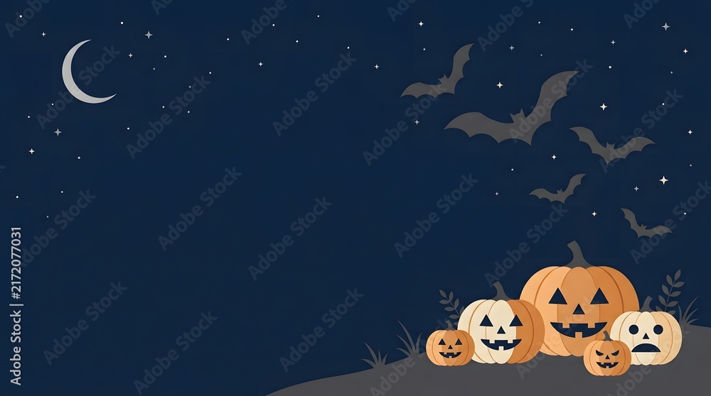 Naklejka premium A festive happy halloween background featuring carved pumpkins under a crescent moon and flying bats at night