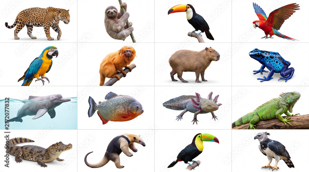 Naklejka premium Mega set of South American animals and Amazon rainforest wildlife including jaguar, sloth, capybara, macaw, toucan, and pink river dolphin isolated on white background.