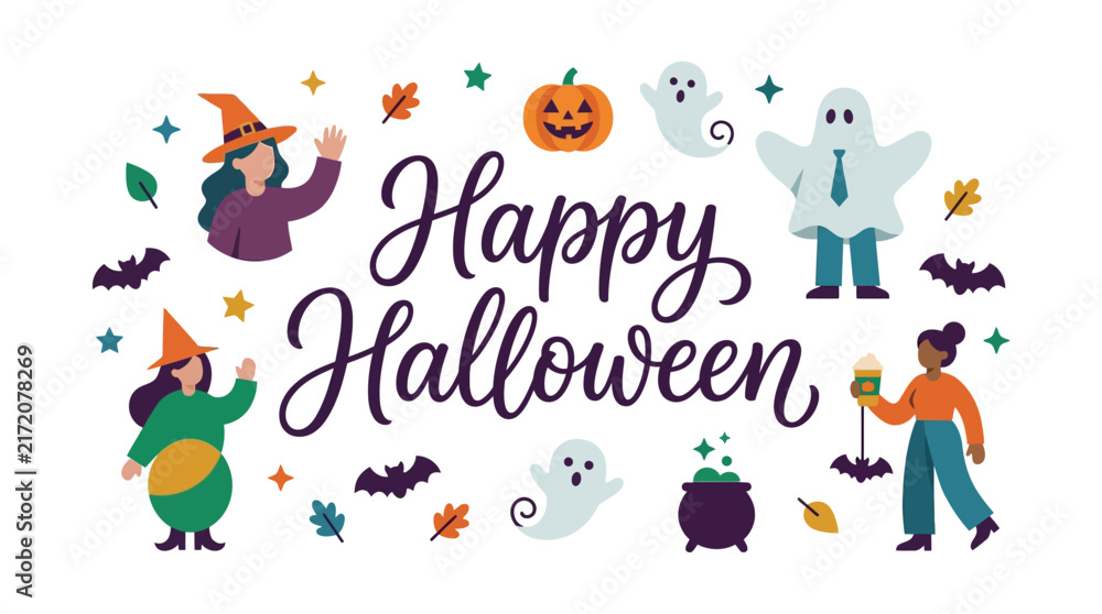 Fototapeta premium Halloween greeting banner decorated with spooky ghosts, carved pumpkins, witches, and flying bats.
