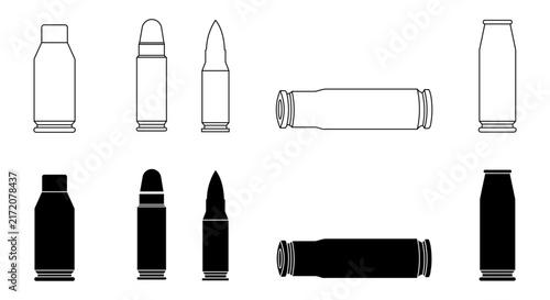 Set of bullet and ammunition icons in outline and solid style
