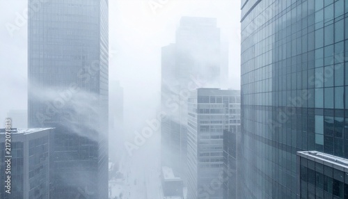 Cuadro en lienzo Intense Winter Blizzard Hitting Modern Glass Skyscrapers in Heavy Snowstorm