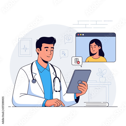 Doctor Consulting Patient Virtually Using Digital Tablet Technology For Telemedicine