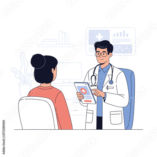 Doctor Consulting Patient With Digital Tablet In Modern Medical Office Setting