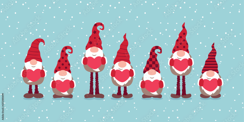 Fototapeta premium cute dwarf holding hearts on snowy background christmas greetings vector illustration