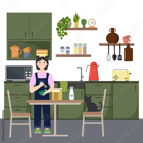 Woman cooking breakfast in home kitchen. Girl stirring food in bowl at table with milk and cereal. Housewife preparing meal with cat on chair. Domestic life concept.