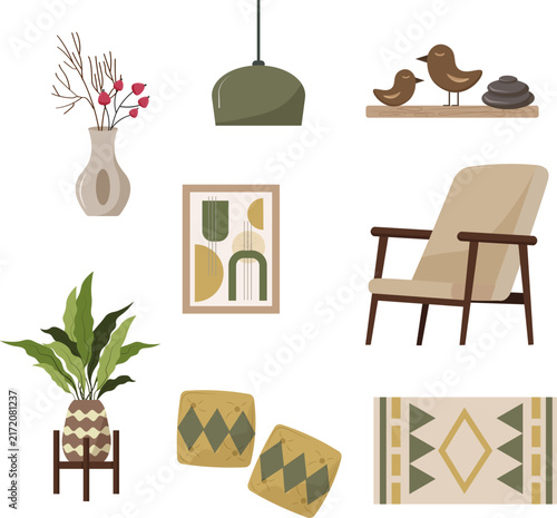 Home interior design elements set with armchair, lamp, vase, plant, pillows, carpet and poster. Boho style room decoration. Cozy apartment furniture flat illustration.