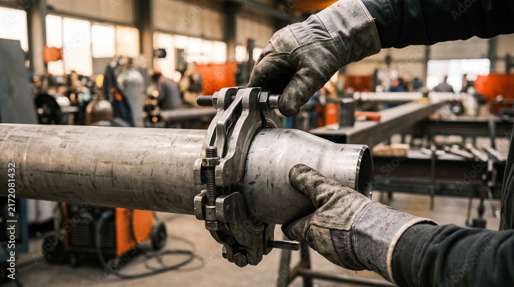 Obraz premium Industrial worker installing a heavy metal pipe clamp in a workshop