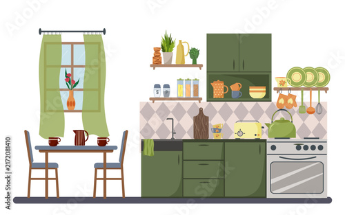Kitchen interior with green cabinets, dining table and window with curtains. Flat vector illustration of cozy home kitchen with furniture and utensils. Cooking room design concept.