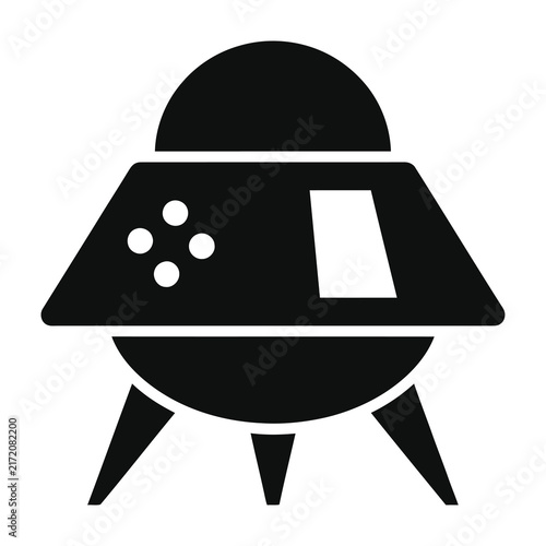 Black spaceship icon with white details on plain background