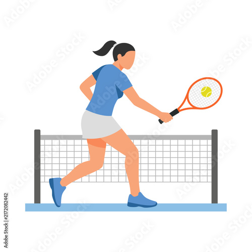 Female tennis player blue shirt white skirt orange racket yellow ball net.
