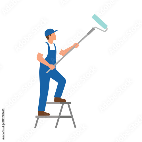 Professional painter blue uniform cap sturdy metal stepladder long handle paint roller.