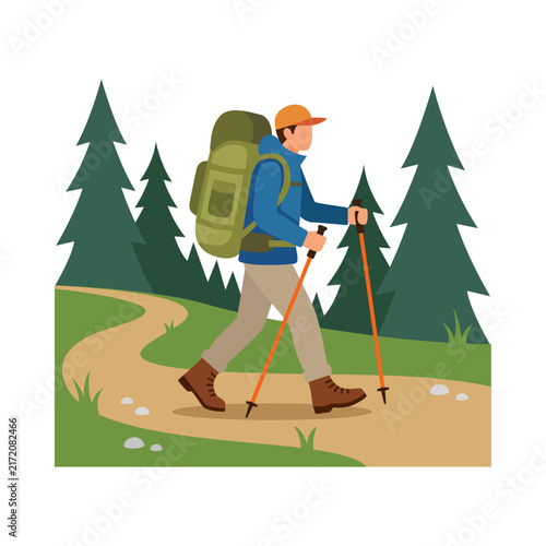 Backpacked male hiker trekking trail spruce trees green nature active outdoor lifestyle.