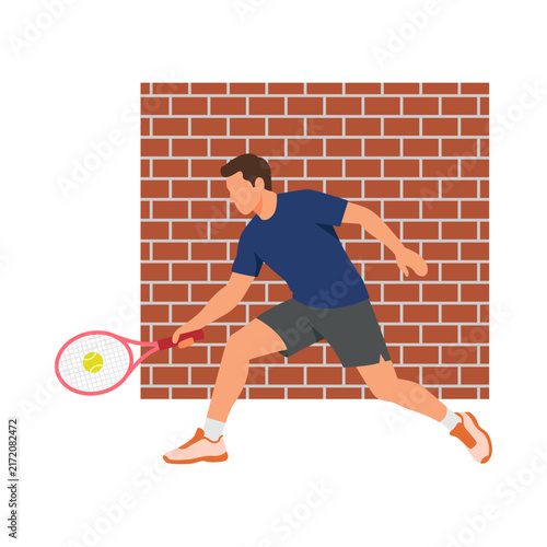 Athletic male tennis player blue shirt grey shorts pink racket yellow ball.