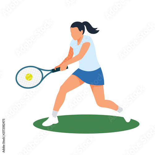Active female tennis athlete yellow ball blue skirt white shirt sport green.