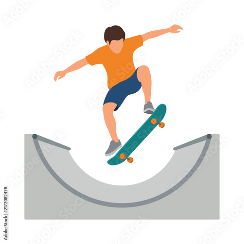 Young athlete orange shirt blue shorts teal skateboard gray concrete skate ramp.