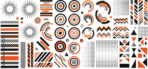 Abstract geometric shapes collection, orange and black tech design elements, modern vector graphic set for UI and branding