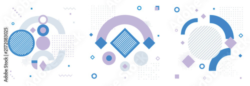 Abstract geometric shapes in blue and purple, modern memphis style vector elements, minimalist circular and square patterns for branding