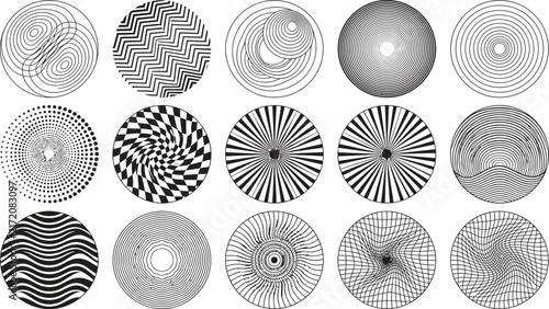 Geometric circular shapes set, 15 abstract black and white vector icons, minimalist line art and halftone patterns for modern branding