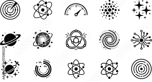 Scientific space icons set, 15 black line astronomy and physics symbols, minimalist galaxy and atom vector illustrations