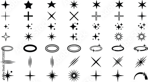 Minimalist sparkle icons set, black star twinkle vector collection, geometric shine and glint symbols for graphic design