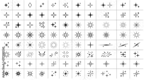 Sparkle star icon set, 88 black twinkle vector elements, minimalist shining glint symbols, decorative light burst collection for design