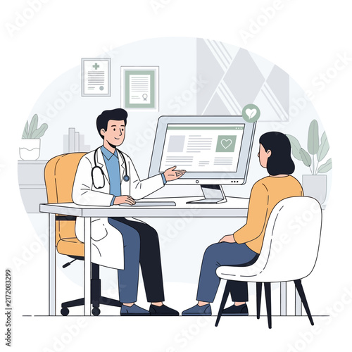 Doctor Consulting Patient In Medical Office With Computer Screen