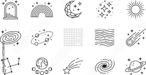 Celestial celestial line art icons, 15 mystical space elements vector set, minimalist astrology and galaxy symbols for branding