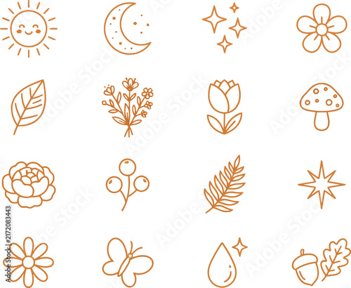 Boho nature line icons set, 16 celestial and floral vector elements, terracotta botanical illustrations for branding and social media