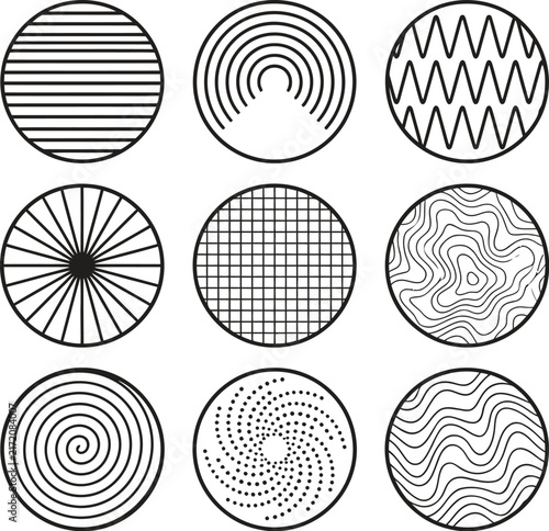 Minimalist geometric circle icons set, abstract line art patterns, 9 black and white vector design elements for branding