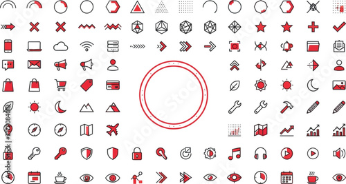 Minimalist red and black line icons set. Modern UI UX vector symbols for web and mobile apps. Professional business and technology icon collection.