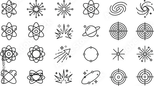 Minimalist science icons set, 24 black line atom and space symbols, physics and astronomy vector elements for education