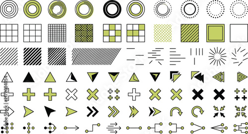 Minimalist geometric vector elements, 80 abstract line icons and shapes. Green and black graphic design assets for UI and infographics.