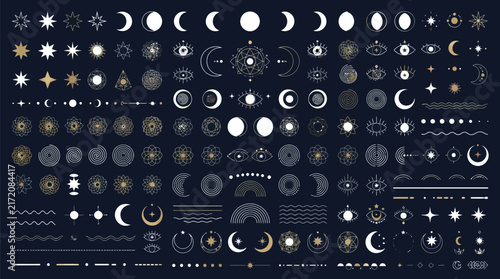 Mystical celestial vector icons set, esoteric moon phases and stars collection, occult gold and white astrology symbols for branding