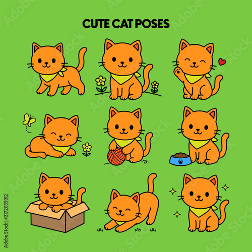 Cute Cat Collection in Different Poses, Adorable Kittens Illustration