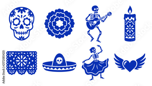 Dia de los Muertos collection with sugar skull skeleton and traditional Mexican holiday icons