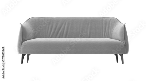 Foto Modern gray velvet sofa with elegant curved arms and black legs