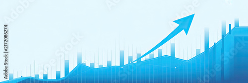 Blue upward trending arrow graph with city skyline silhouette, financial growth concept chart