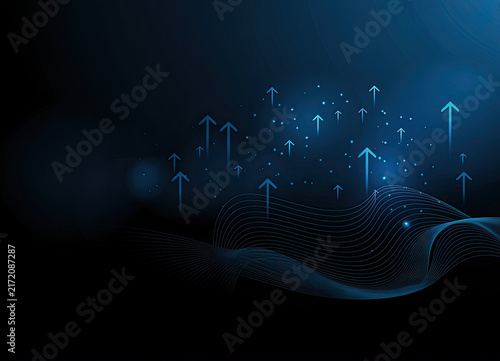 Dark blue digital background, with glowing arrows, and wave pattern black