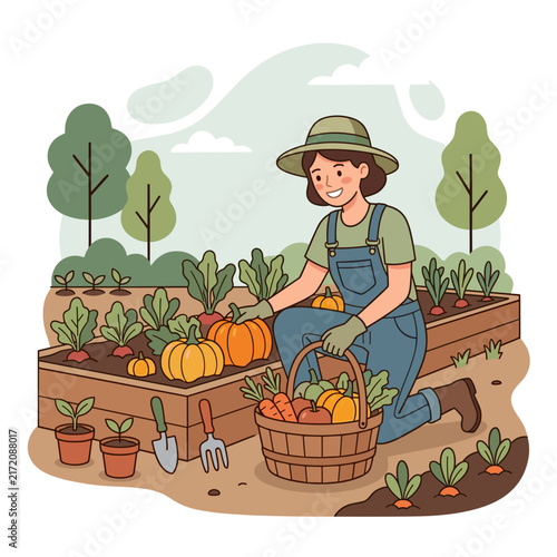 Vector flat design ilustration of a female gardener harvesting pumpkins in a garden