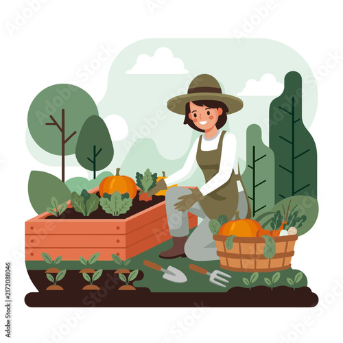 Vector flat design ilustration of a smiling woman gardening in a vegetable patch