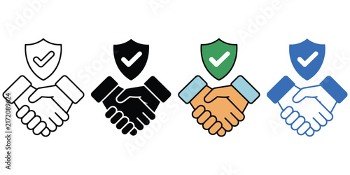 Handshake and shield icon featuring trust, business security, protected partnership, contract assurance, reliable cooperation, and corporate protection concepts