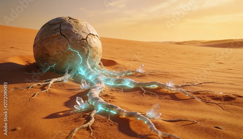 Ancient weathered stone sphere partially buried in desert sand with intricate luminous crystal roots at golden hour