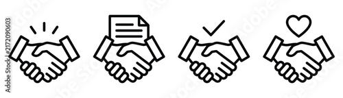 Handshake icon set featuring business agreement, partnership, teamwork and friendly cooperation symbols.