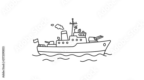 Cute Simple Warship Line Art Black and White Illustration