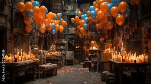 A dimly lit room with wooden walls and a ceiling adorned with colorful balloons, lit by flickering candlelight on wooden tables, creating a warm and inviting atmosphere.