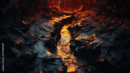 A narrow stream of water flows through a rocky, shadowy crevice, illuminated by a warm, orange glow from above.