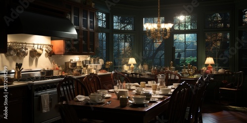 A vintage kitchen illuminated by warm lamps, showcasing a table set for a cozy dinner with elegant china and silverware, a vintage stove, and a charming window overlooking a shadowy garden.
