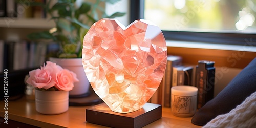 A crystalline heart shaped lamp with a wooden base and a soft glow, illuminating a tabletop with delicate pink roses and a candle in the background.